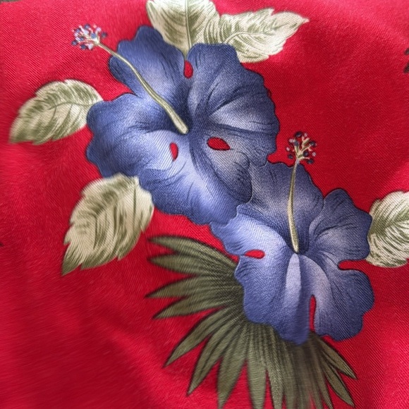 Caribbean Joe Red Aloha Hawaiian Shirt Purple Hibiscus & Green Palm Trees - Picture 9 of 9